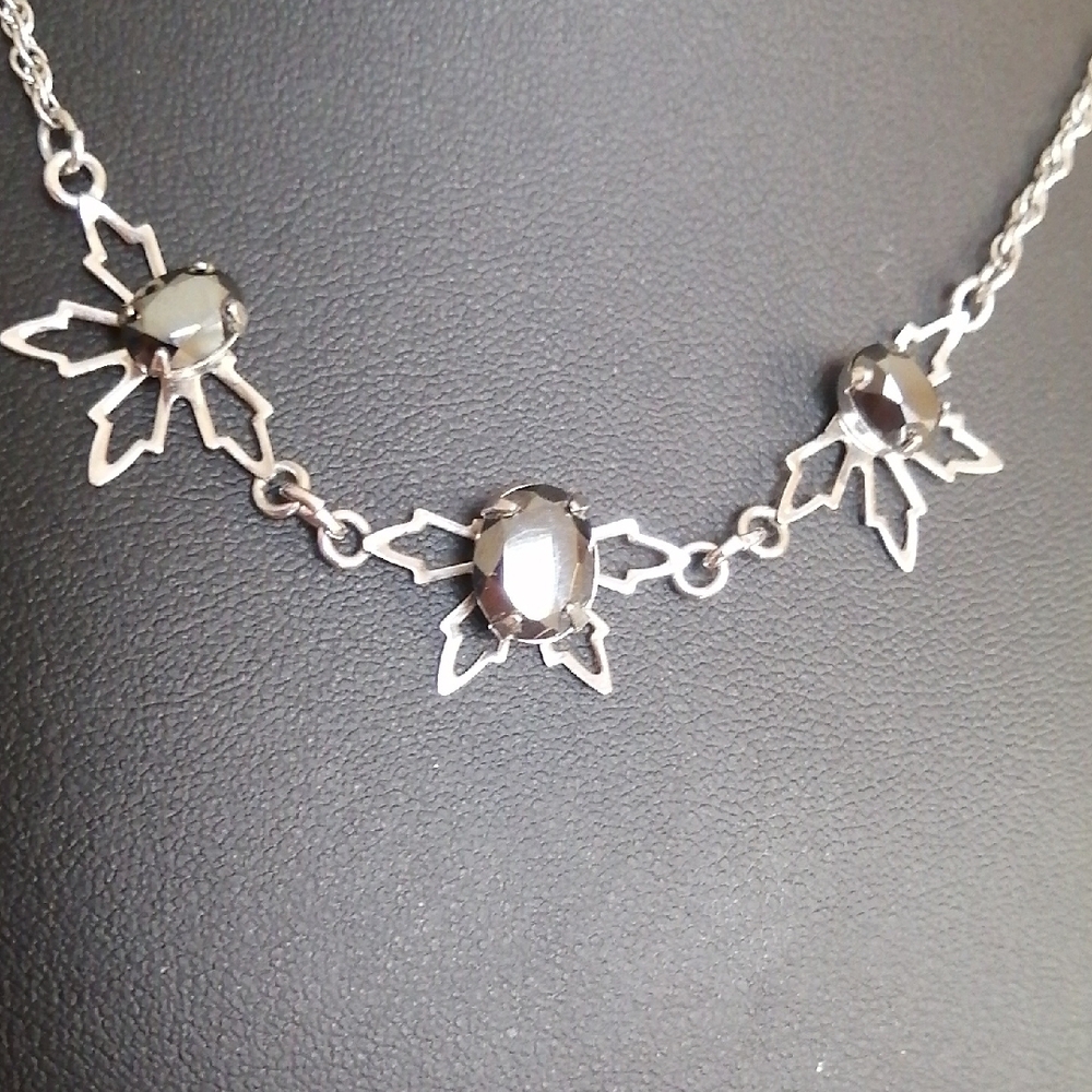 Elegant Silver Tone Necklace with Black Hematite 16" Long